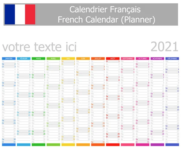 2021 Французький Календар Планування Вертикальними Місяцями Білому Тлі — стоковий вектор