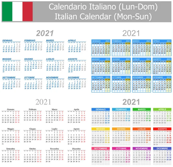 2021 Italian Mix Calendar Lun Dom Sfondo Bianco — Vettoriale Stock