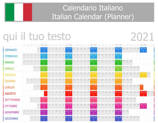 2021 Calendario Planificador Italiano Con Meses Horizontales Sobre Fondo Blanco — Archivo Imágenes Vectoriales