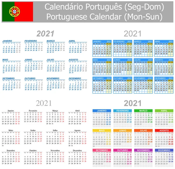 2021 Portoghese Mix Calendar Lun Sole Sfondo Bianco — Vettoriale Stock