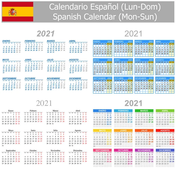 2021 Spaanse Mix Kalender Zon Witte Achtergrond — Stockvector