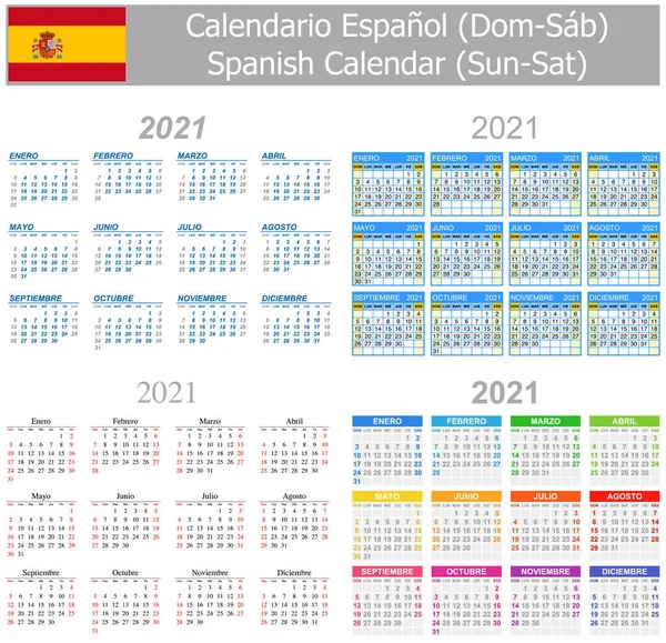 2021 Spaanse Mix Kalender Zon Zat Witte Achtergrond — Stockvector