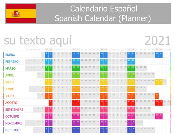 Beyaz Arkaplanda Yatay Aylı 2021 Spanyol Planlayıcı Takvimi — Stok Vektör