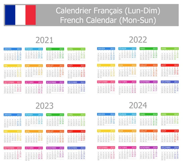 2021 2024 French Type Calendar Mon Sun White Background — Stock Vector