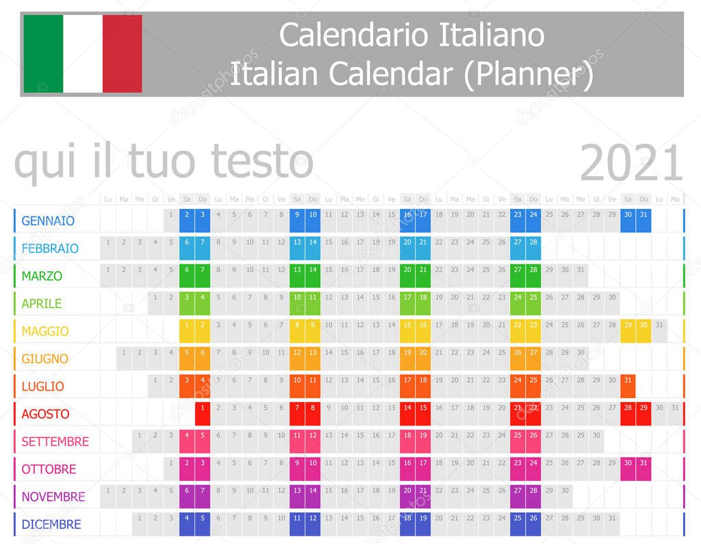 2021 Italian Planner Calendar with Horizontal Months on white background