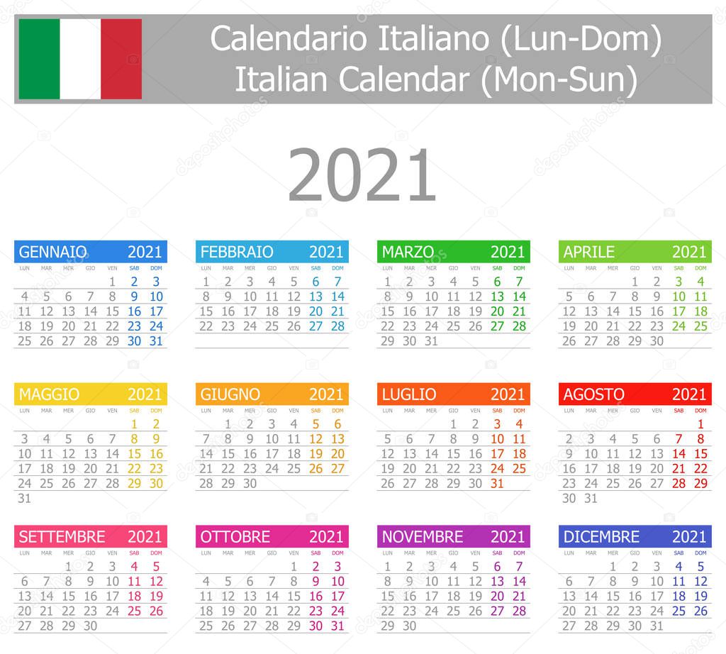 2021 Italian Type-1 Calendar Mon-Sun on white background