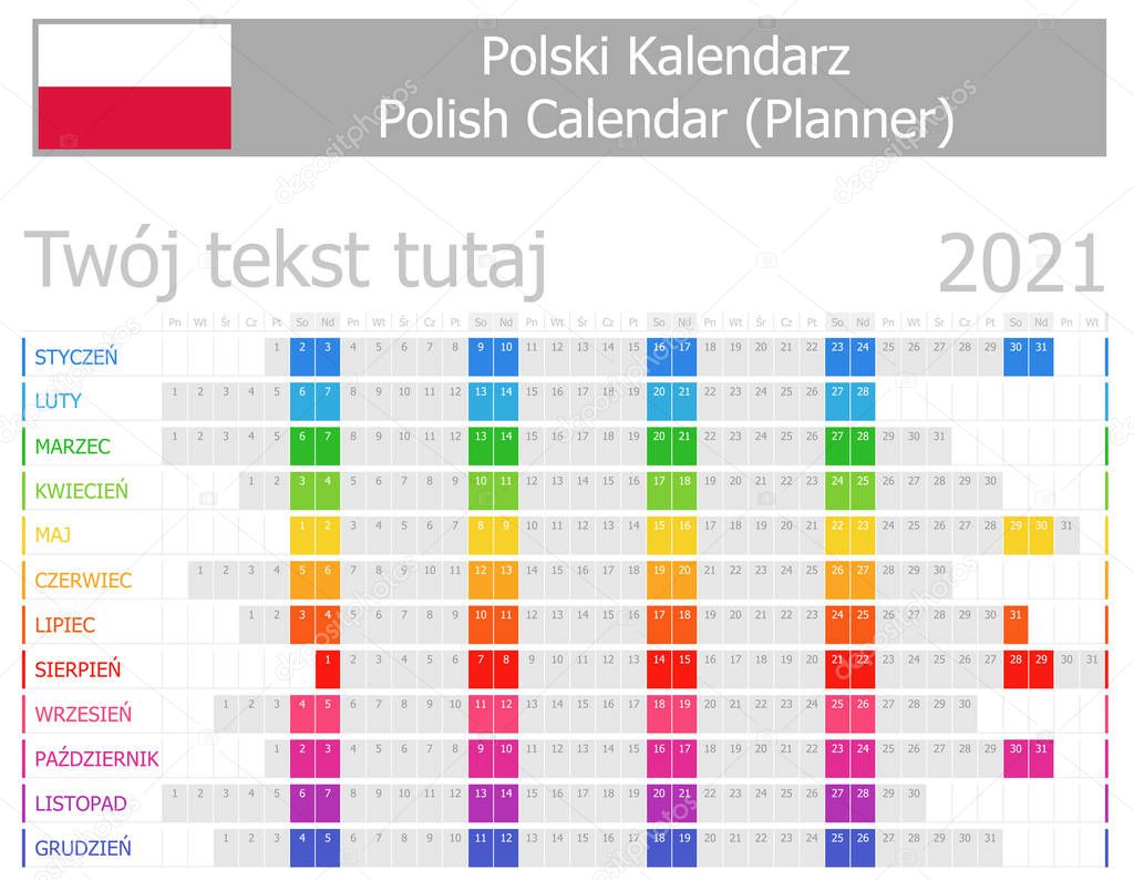 2021 Polish Planner Calendar with Horizontal Months on white background