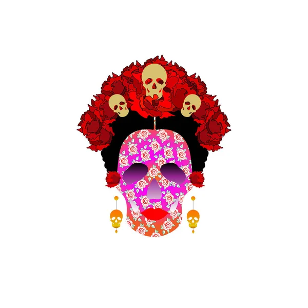 Dag av det döda, porträttet av mexikanska Catrina med dödskallar och röda blommor, inspiration Santa Muerte i Mexiko och la Calavera, vektor illustration isolerade eller svart bakgrund — Stock vektor