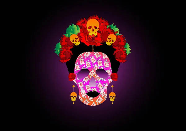 Den z mrtvých, portrét mexické Catrina s lebkami a červené květy, inspirace Santa Muerte v Mexiku a la Calavera, vektorové ilustrace izolované nebo černé pozadí — Stockový vektor