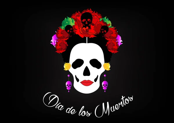 死んで、肖像画の頭蓋骨と赤い花、インスピレーションでメキシコとラ カラベラ、サンタムエルテ メキシコ カトリーナのベクトル イラスト分離または黒の背景 — ストックベクタ