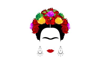 Frida Kahlo , portrait of Mexican or Spanish woman with crown of colorful flowers, Mexican tradition, vector isolated clipart