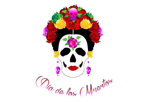 Dia dos mortos, retrato de Catrina mexicana com crânios e flores vermelhas, inspiração Santa Muerte no México e la Calavera, ilustração vetorial isolado — Vetor de Stock