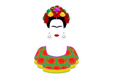 Frida Kahlo vektör portre, geleneksel bir saç modeli ile genç güzel bir Meksikalı kadın. Meksika el sanatları küpe ve kırmızı çiçekler, geleneksel Meksika elbise, izole vektör 
