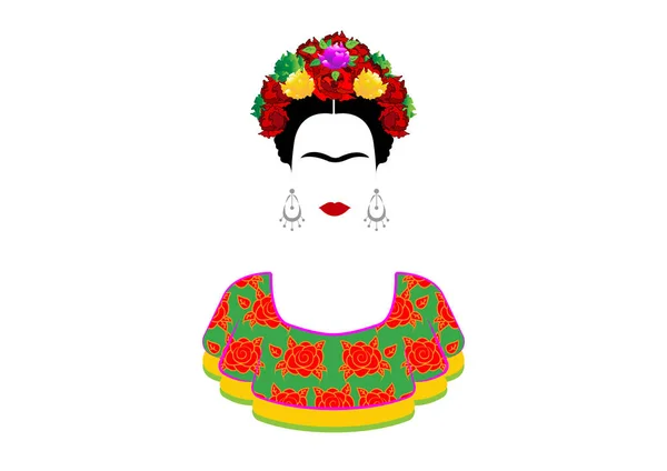 Frida Kahlo retrato vetorial, jovem bela mulher mexicana com um penteado tradicional. Artesanato mexicano brincos e flores vermelhas, vestido tradicional mexicano, Vector isolado — Vetor de Stock