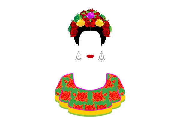 Retrato de la joven hermosa mexicana con un peinado tradicional. Pendientes de artesanía mexicana, corona de flores y flores rojas, Tradicional vestido mexicano, día de la muerte. Vector aislado — Vector de stock