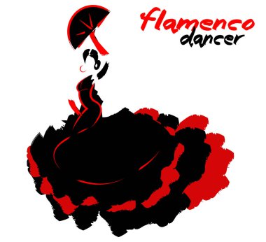 Flamenko dansçısı, siluet uzun elbiseli güzel İspanyolca kadın ile fan, izole vektör