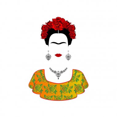 Frida Kahlo vektör portre, geleneksel bir saç modeli ile genç güzel bir Meksikalı kadın. Meksika el sanatları takı ve kırmızı çiçekler, geleneksel Meksika elbise, izole vektör