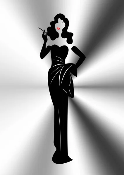 Diva Hollywood sziluett, gyönyörű nő retro-divat, stílus és estélyi ruha 1940-es években vektor — Stock Vector