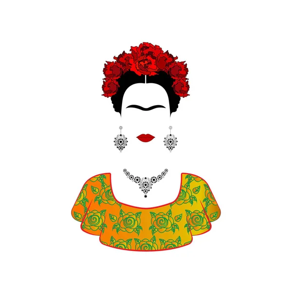 Frida Kahlo vector portrait , young beautiful mexican woman with a traditional hairstyle. Mexican crafts jewelry and red flowers, Traditional Mexican dress, Vector isolated — Stock Vector
