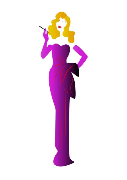 Diva Hollywood silueta, Hermosa mujer rubia de moda retro, peinado y vestido de noche 1940, vector — Vector de stock