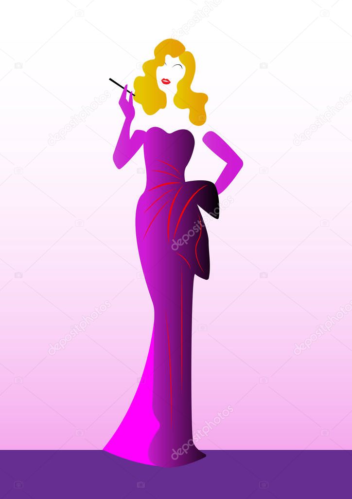 Diva Hollywood silhouette, Beautiful retro fashion blond woman , styling and evening dress 1940s , vector