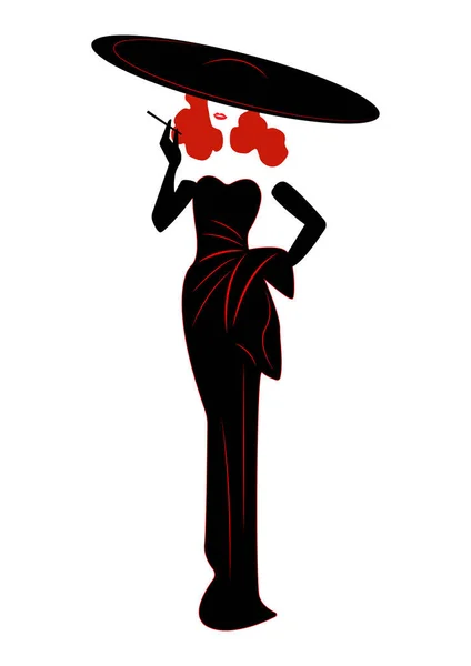 Ντίβα Χόλιγουντ σιλουέτα, όμορφη γυναίκα ρετρό Μόδα κόκκινο και καπέλο, styling και βραδινό φόρεμα της δεκαετίας του 1940, διάνυσμα — Διανυσματικό Αρχείο