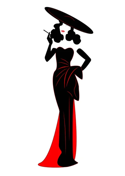 Diva Hollywood silueta, Hermosa mujer de moda retro y sombrero, peinado y vestido de noche 1940, vector — Vector de stock