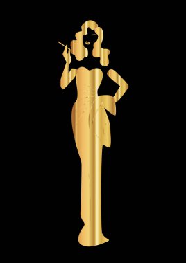 Altın lüks siluet diva, dükkanı logo moda. Şirket logo tasarım, güzel kapak kızı retro, izole veya siyah arka plan 