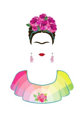Frida Kahlo vektör portre, geleneksel bir saç modeli ile güzel Meksikalı kadın. Meksika el sanatları küpe el ve çiçeklerin taç ile izole vektör 