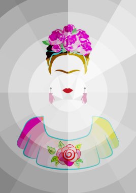 Frida Kahlo vektör portre, geleneksel bir saç modeli ile güzel Meksikalı kadın. Meksika el sanatları küpe elleriniz ve taç çiçek, vektör grafiği