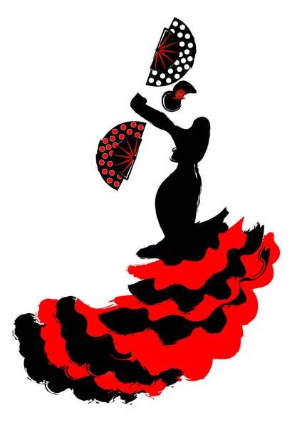 Flamencodanser, mooie Spaanse vrouw in lange jurk met ventilator, vector geïsoleerd silhouet — Stockvector