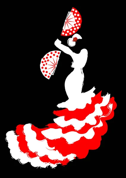 Flamencodanser, mooie Spaanse vrouw in lange jurk met ventilator, vector geïsoleerd silhouet of zwarte achtergrond — Stockvector