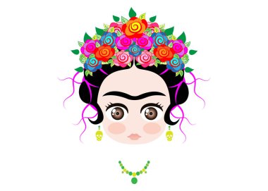 Emoji baby Frida Kahlo with crown of colorful flowers, vector isolated  clipart