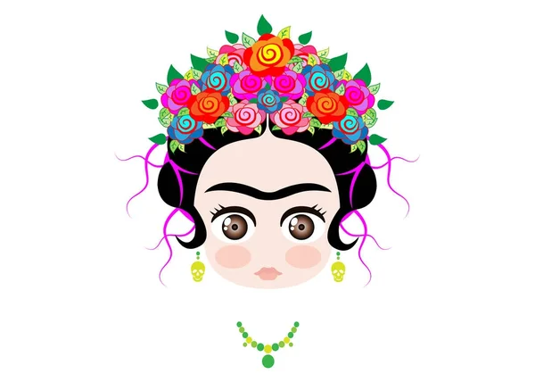 Emoji baby Frida Kahlo with crown of colorful flowers, vector isolated — Stock Vector