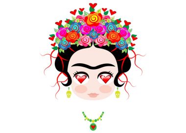 Emoji seviyorum Frida Kahlo, taç ve renkli çiçek, izole vektör 