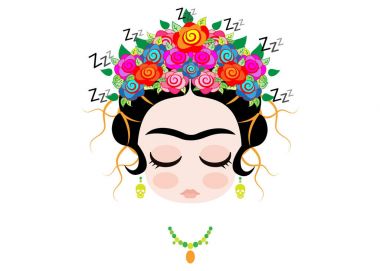 frida kahlo cartoon, Emoji baby Frida sleeping portrait with crown of colorful flowers, vector isolated  clipart