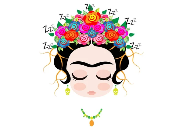 Frida kahlo dibujos animados, Emoji bebé Frida dormir retrato con corona de flores de colores, vector aislado — Vector de stock