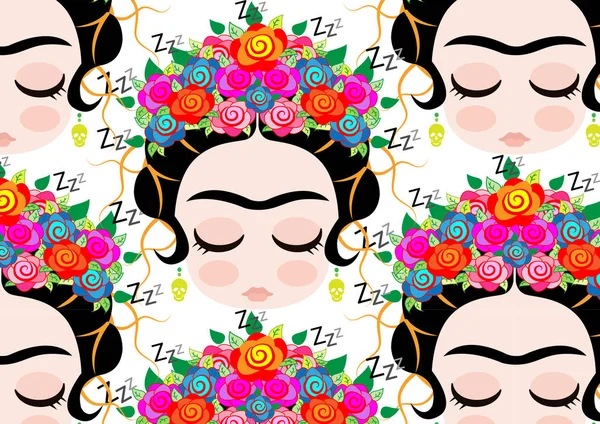 Frida Kahlo padrão cartoon vector, fundo transparente — Vetor de Stock