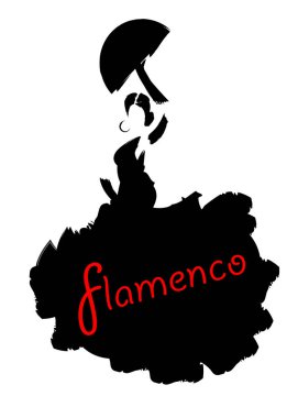 Flamenko dansçısı, siluet uzun elbiseli güzel İspanyolca kadın ile fan, izole vektör veya beyaz arka plan