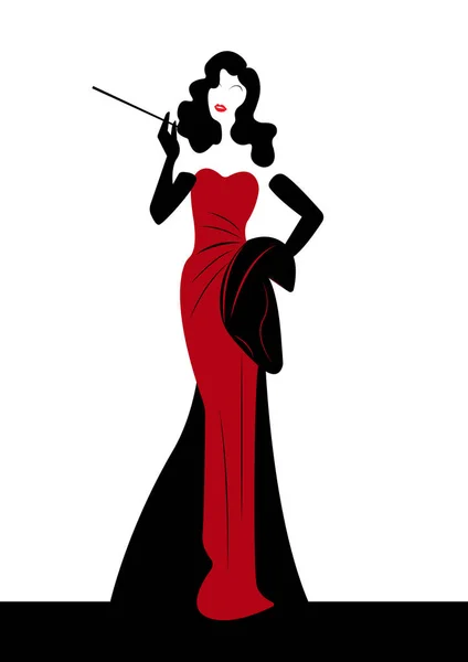 Магазин логотип модницы, красный силуэт дивы. Дизайн логотипа компании, Красивая обложка девушка ретро, изолированные — стоковый вектор