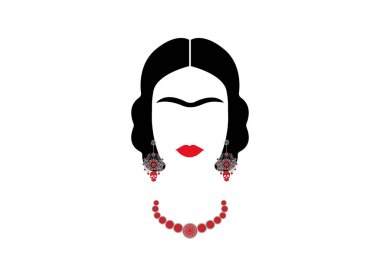 Frida Kahlo vektör portre, bir geleneksel saç modeli, Meksika el sanatları takı, izole vektör ile genç güzel bir Meksikalı kadın 