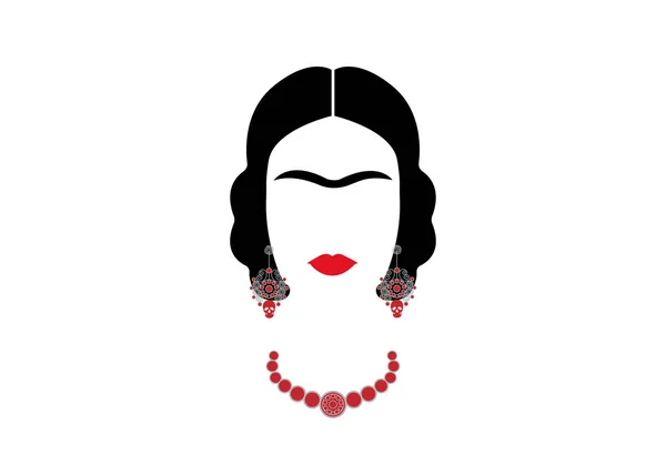 Frida Kahlo vector retrato, joven hermosa mexicana con un peinado tradicional, joyas artesanales mexicanas, vector aislado — Vector de stock
