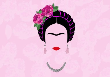 Frida Kahlo vektör portre, geleneksel bir saç modeli, Meksika el sanatları takı, genç güzel Meksika kadınla vektör izole veya hafif gül arka plan 