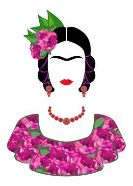 Frida Kahlo vector portrait , young beautiful mexican woman with a traditional hairstyle,  Mexican crafts jewelry, vector isolated  clipart