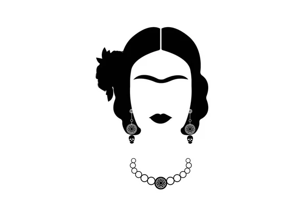 Frida Kahlo vector portrait , young beautiful mexican woman with a traditional hairstyle,  Mexican crafts jewelry, vector isolated — Stock Vector