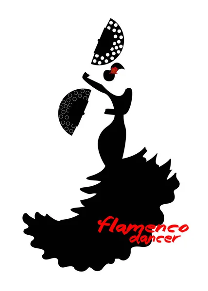 Танцовщица фламенко, силуэт красивая испанка в длинном платье с вентилятором, вектор изолирован — стоковый вектор