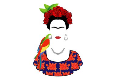 Frida Kahlo ve papağan, izole vektör portre 