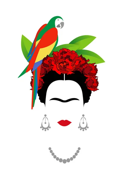 Frida Kahlo and parrot, vector portrait isolated — Stock Vector