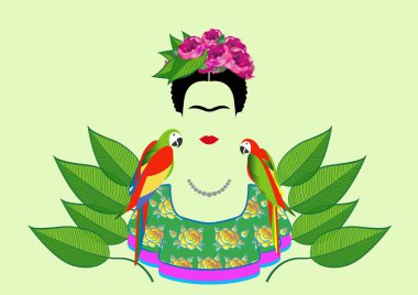 Frida Kahlo ve papağan, izole portre vektör veya arka plan yeşil 