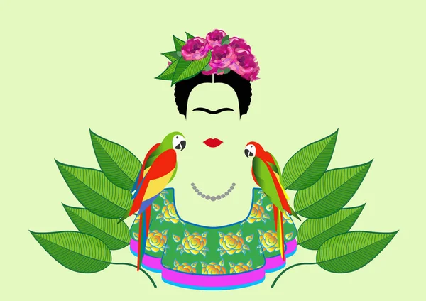 Frida Kahlo y loro, retrato vectorial aislado o fondo verde — Vector de stock